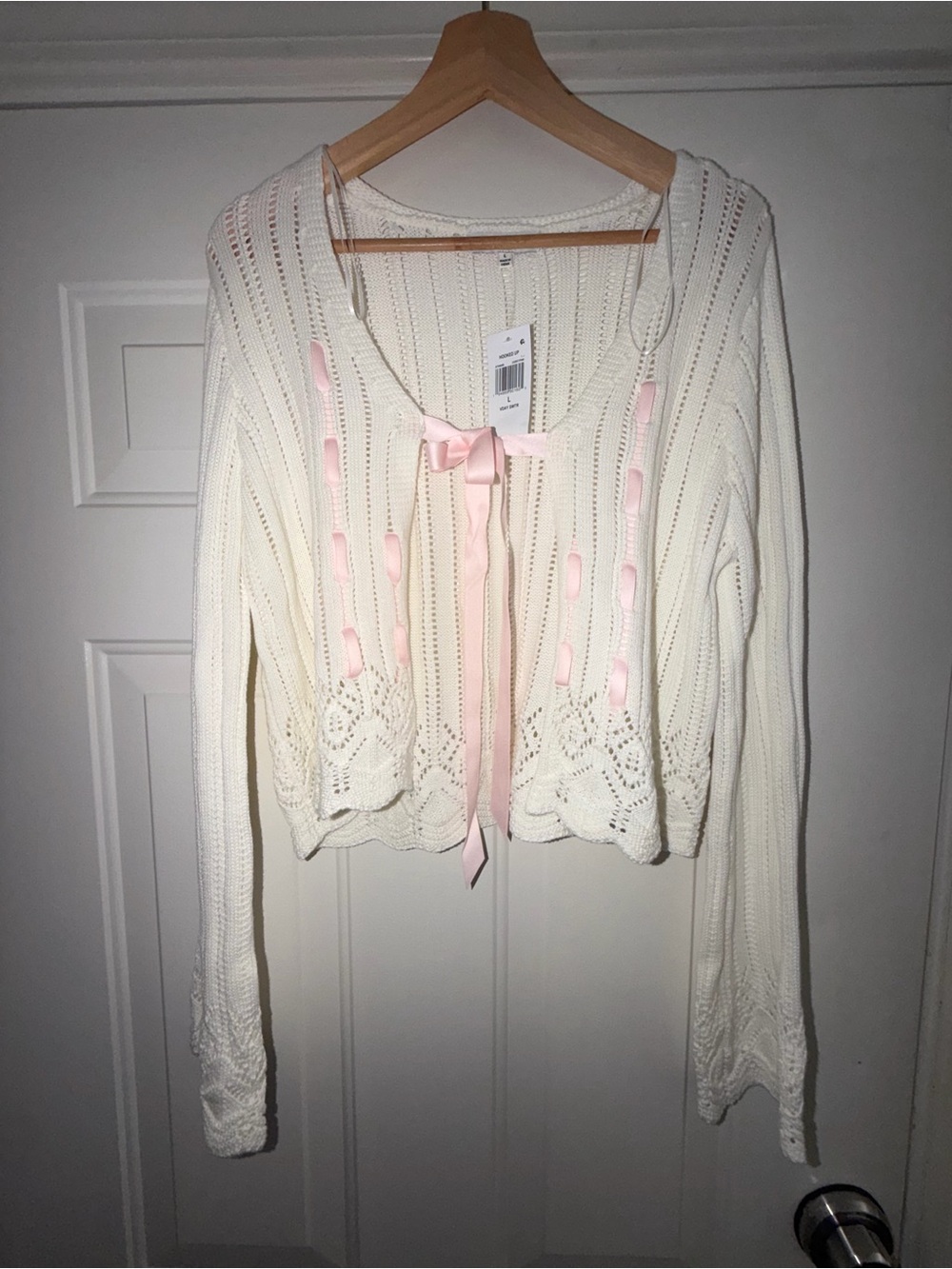 NWT Hooked Up by IOT Cream Pointelle Knit Cardigan Pink Ribbon Tie Size L